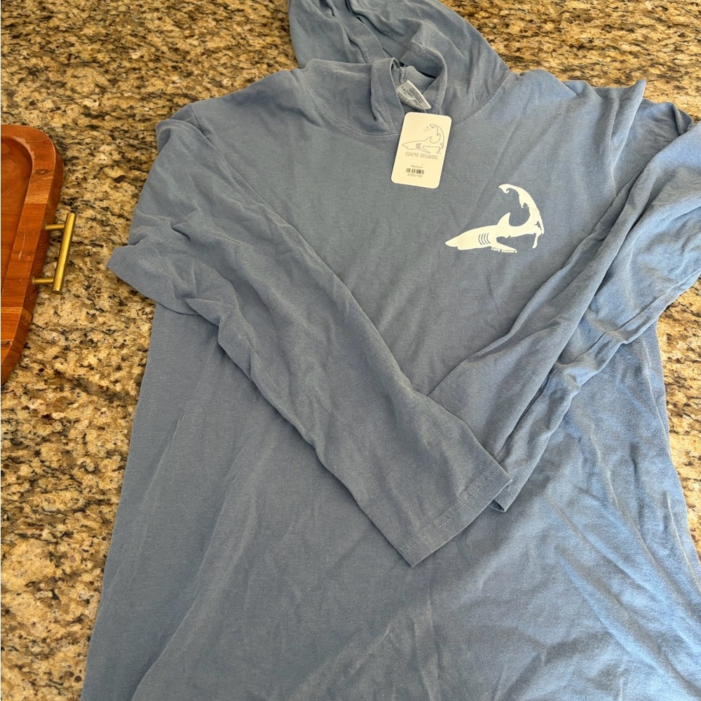 Comfort Colors Men's Long Sleeve Tee in Dusty Blue with White Shark Graphic - Picture 2 of 5